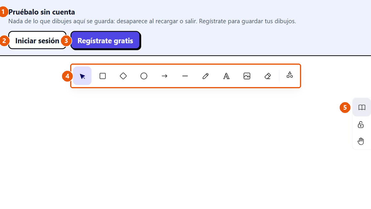 Pizarra de prueba de ExcaliClaw sin cuenta, con el aviso «Pruébalo sin cuenta», los botones «Iniciar sesión» y «Regístrate gratis», la barra de herramientas de dibujo y el botón de la biblioteca.