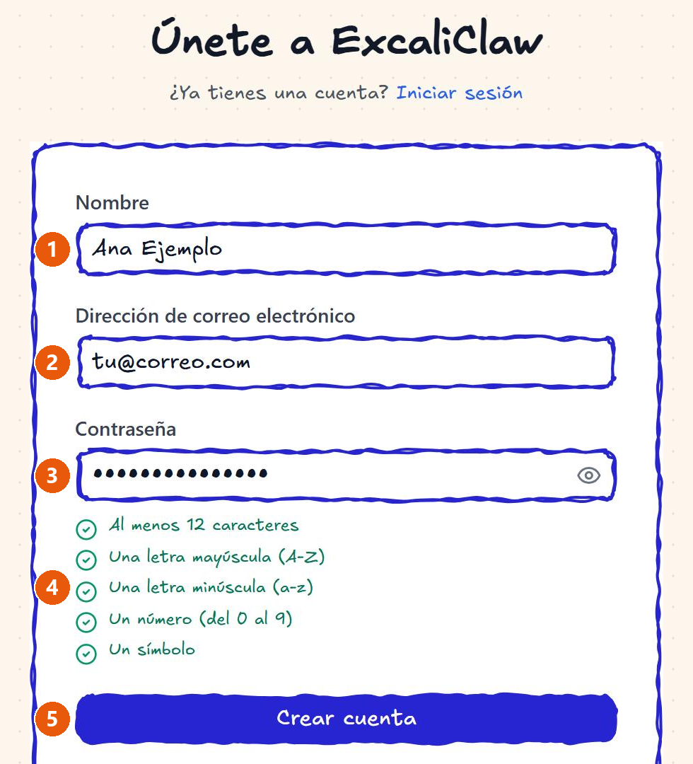 Formulario «Únete a ExcaliClaw» con los campos nombre, correo y contraseña rellenados con datos de ejemplo, la lista de requisitos de la contraseña marcada en verde y el botón «Crear cuenta».