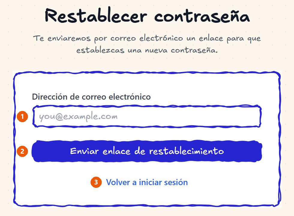 Pantalla «Restablecer contraseña» con un campo para el correo, el botón «Enviar enlace de restablecimiento» y el enlace «Volver a iniciar sesión».