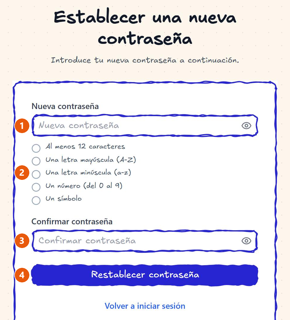 Pantalla «Establecer una nueva contraseña» con los campos de nueva contraseña y confirmación, la lista de requisitos y el botón «Restablecer contraseña».