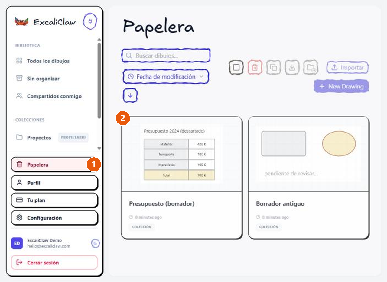 La vista «Papelera» con dos dibujos eliminados.