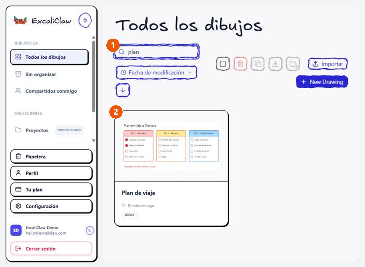 El panel filtrado con el buscador mostrando solo el dibujo «Plan de viaje» tras escribir «plan».