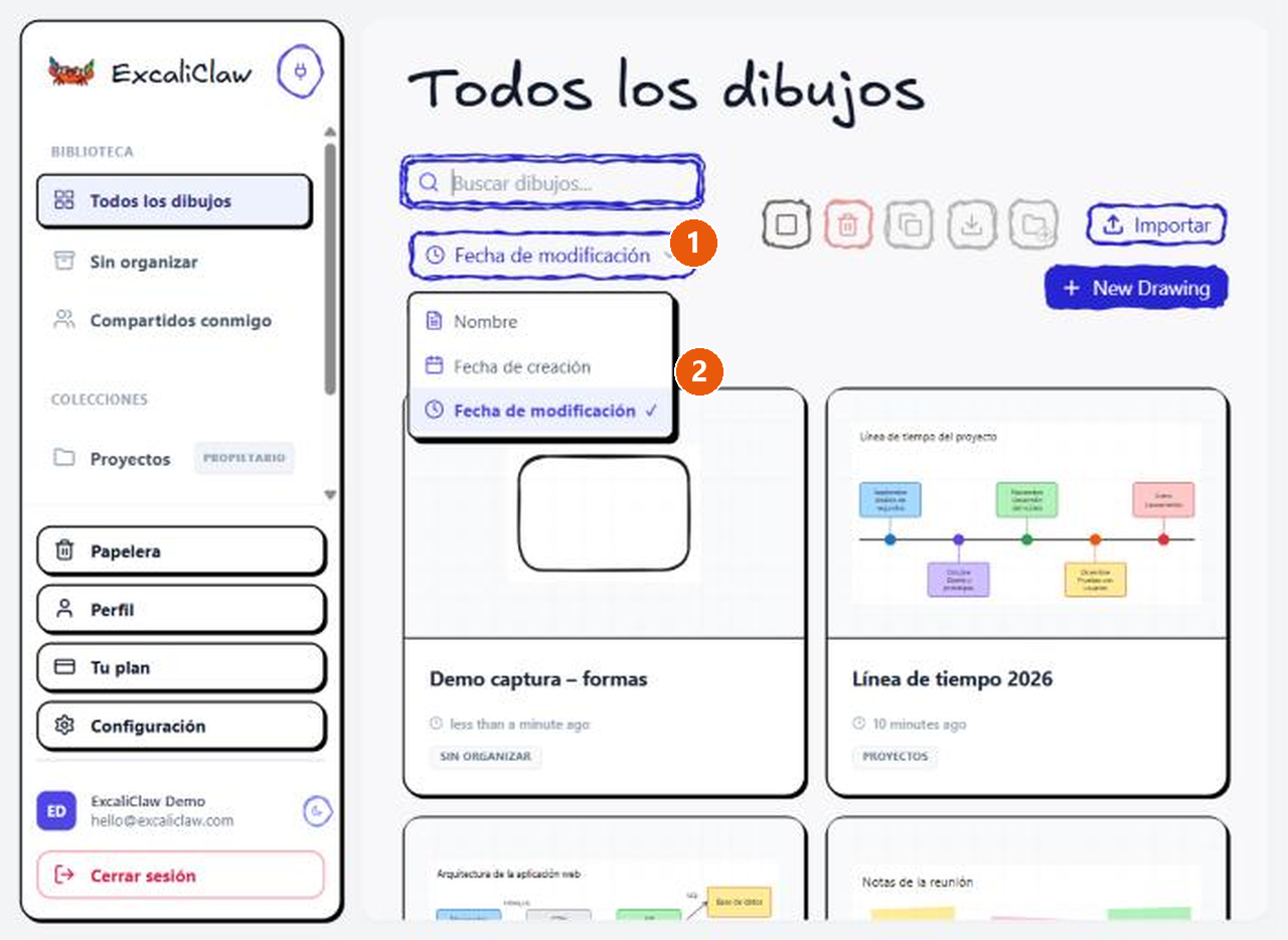 El menú de orden desplegado con las opciones Nombre, Fecha de creación y Fecha de modificación.