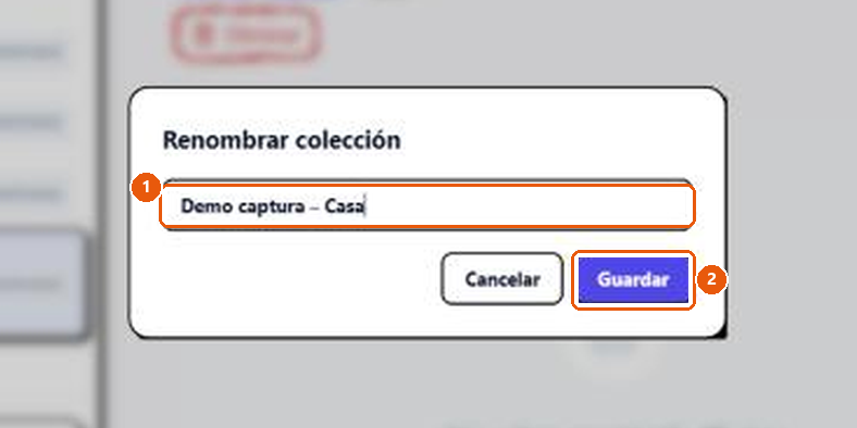 La ventana «Renombrar colección» con el nombre actual en un campo de texto y los botones Cancelar y Guardar.