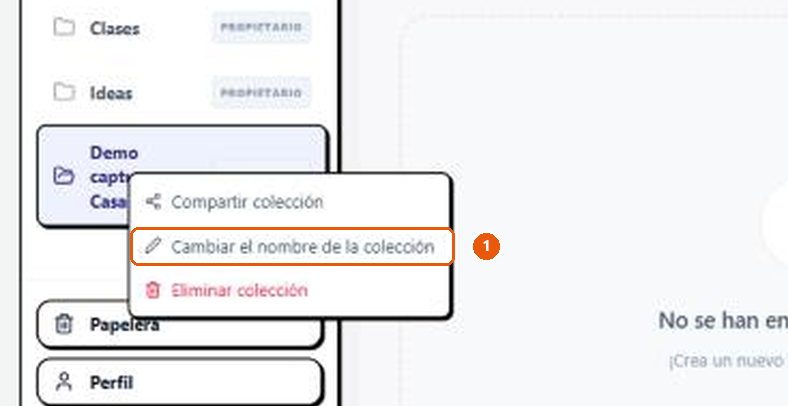 El menú del clic derecho sobre una colección con las opciones Compartir colección, Cambiar el nombre de la colección y Eliminar colección.