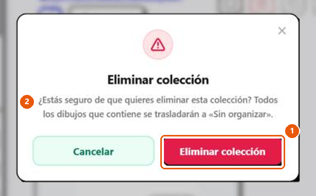 La ventana de confirmación «Eliminar colección» con los botones Cancelar y Eliminar colección.