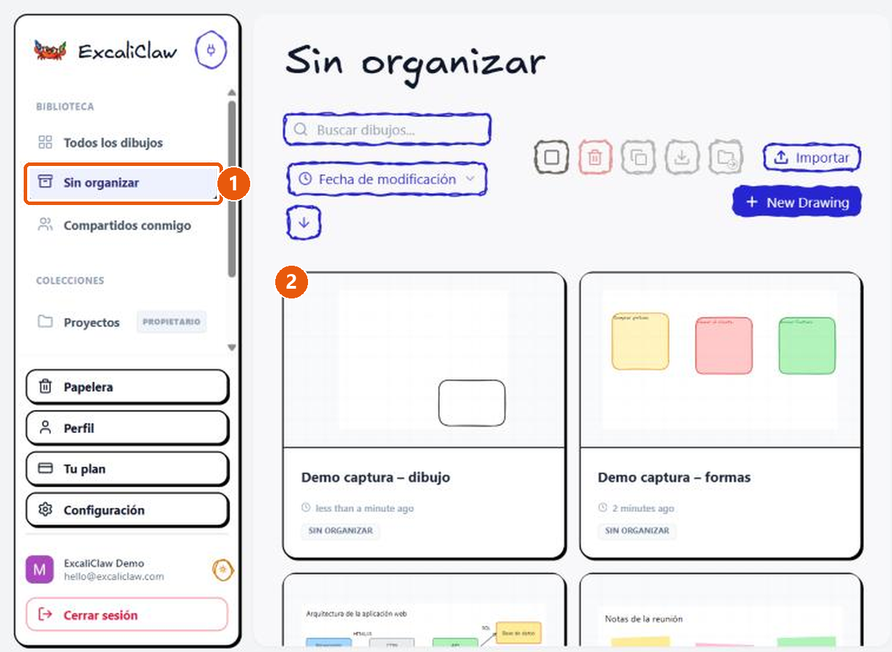 La vista «Sin organizar» con los dibujos de la colección eliminada ya trasladados a ella.
