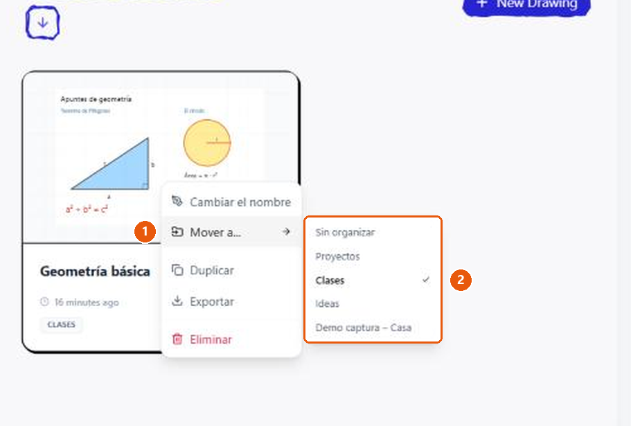 El submenú «Mover a...» de una tarjeta con las opciones Sin organizar y las colecciones, con la actual marcada.
