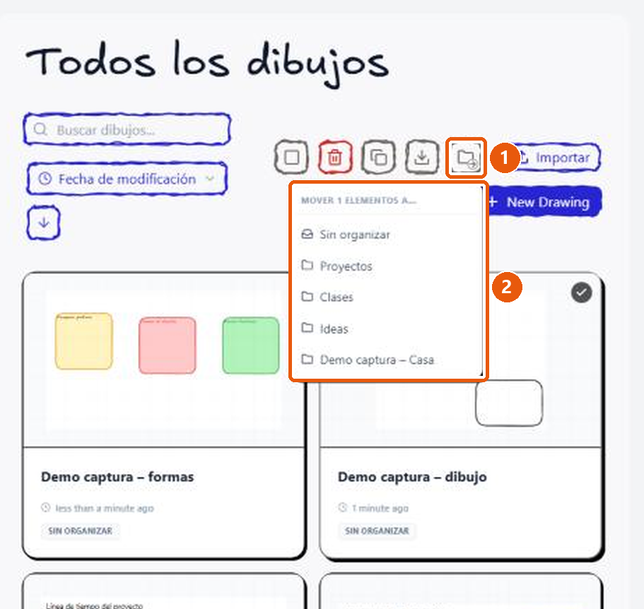 El menú «Mover 1 elementos a...» con las opciones Sin organizar y las colecciones, abierto desde el botón Mover selección.