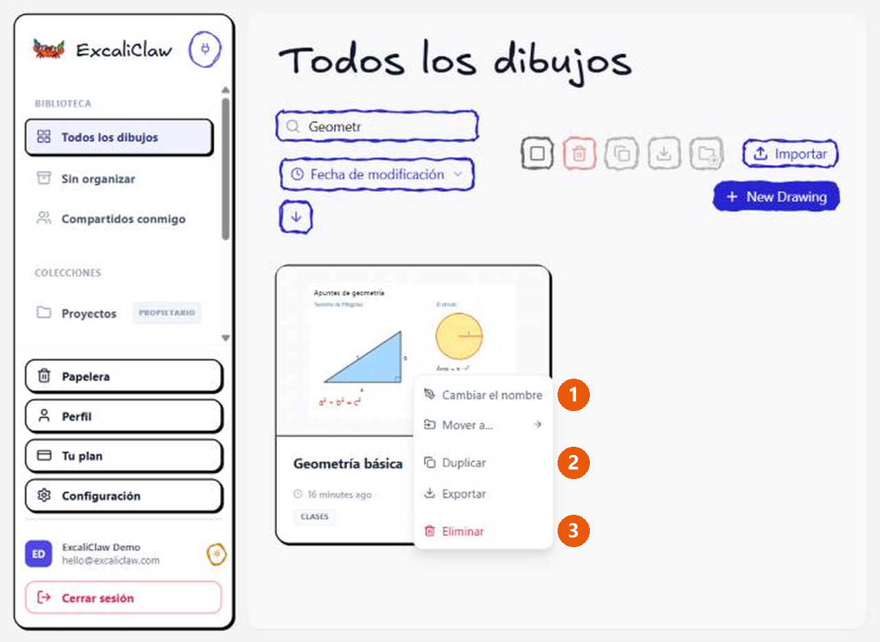 El menú del clic derecho sobre una tarjeta de dibujo con las opciones Cambiar el nombre, Mover a..., Duplicar, Exportar y Eliminar.