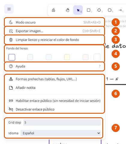 Menú principal del editor abierto, con las opciones de tema, exportar imagen, limpiar lienzo, fondo, ayuda, formas prehechas, notita, enlace público, cuadrícula e idioma.