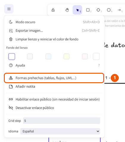 Menú principal del editor con la entrada «Formas prehechas (tablas, flujos, UML...)» señalada.