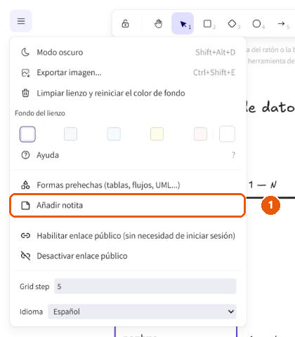 Menú principal del editor con la entrada «Añadir notita» señalada.