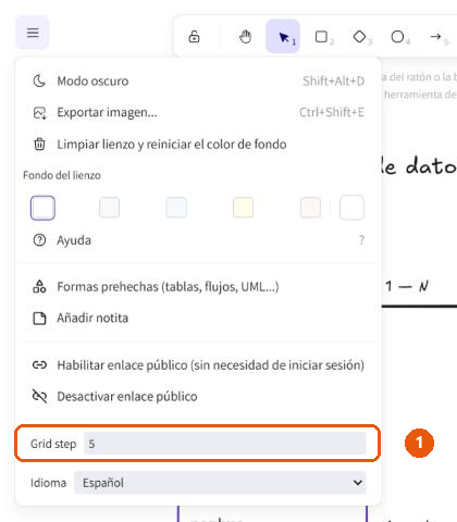 Menú principal del editor con el campo numérico «Grid step» (paso de la cuadrícula) señalado.