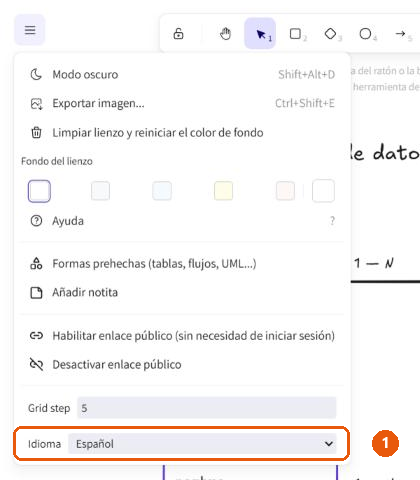 Menú principal del editor con el selector «Idioma» (Español) señalado al final.
