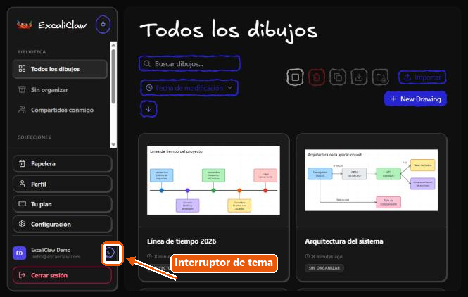 El mismo panel de control de ExcaliClaw en tema oscuro, con el interruptor de tema señalado.