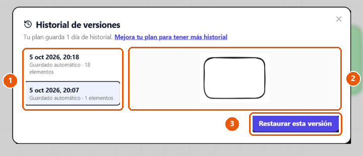 Ventana «Historial de versiones» con la lista de versiones a la izquierda, una versión elegida con su vista previa y el botón «Restaurar esta versión».