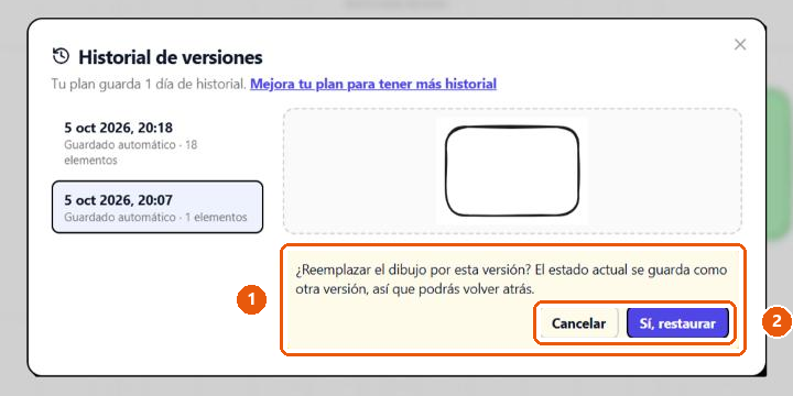 Mensaje de confirmación «¿Reemplazar el dibujo por esta versión?» con los botones «Cancelar» y «Sí, restaurar».