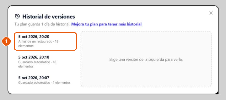 Historial de versiones con tres versiones, la más reciente con el motivo «Antes de un restaurado».
