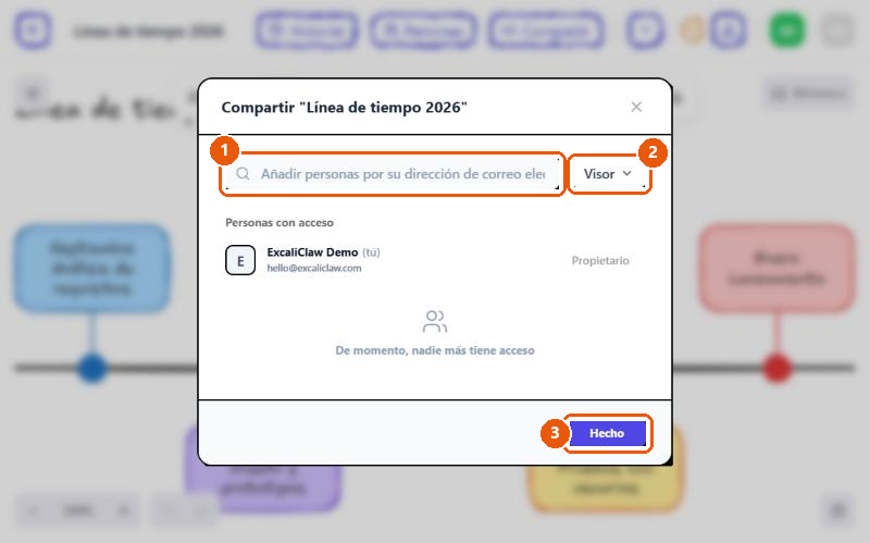 Ventana «Compartir» de un dibujo con el campo para escribir el correo y el selector de rol.