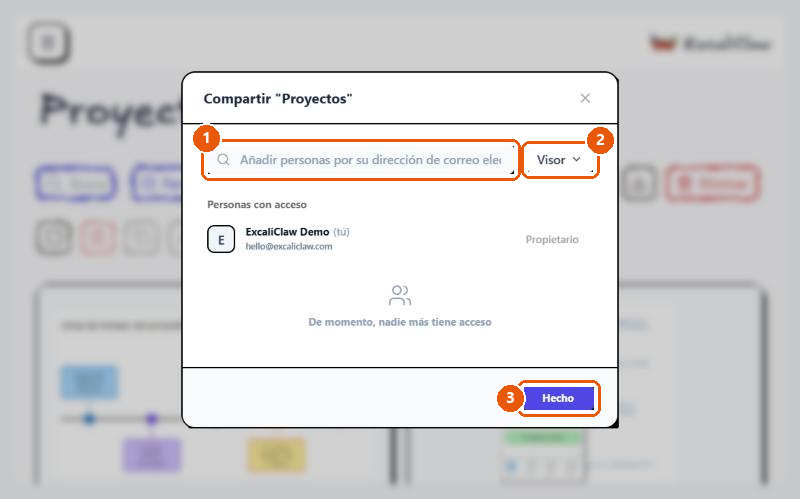 Ventana para compartir la colección «Proyectos», con el campo del correo y el selector de rol.