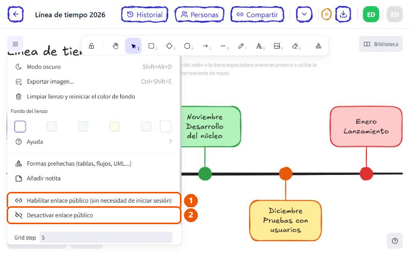 Menú principal del editor con las opciones «Habilitar enlace público» y «Desactivar enlace público».