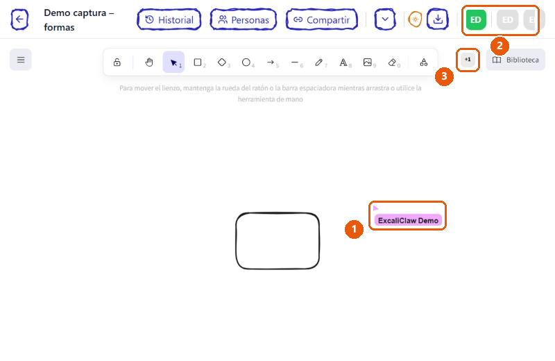 Editor con el cursor de otra persona visible sobre el lienzo, con su nombre, y los avatares de quienes están dentro del dibujo en la barra superior.