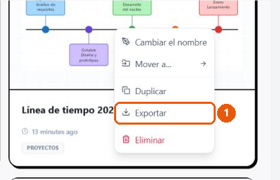 Menú contextual de una tarjeta del panel con la opción «Exportar».