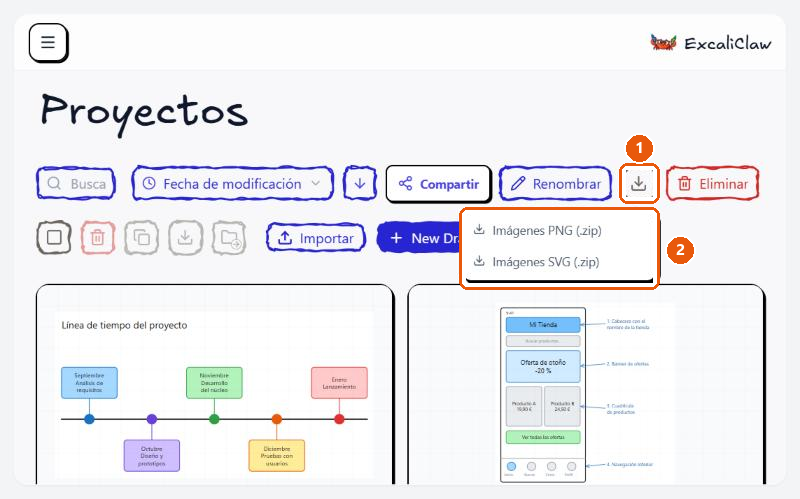 Cabecera de la colección «Proyectos» con el botón de descarga y su menú «Imágenes PNG (.zip)» / «Imágenes SVG (.zip)».