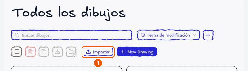 Barra de herramientas del panel con el botón «Importar» junto a «New Drawing».
