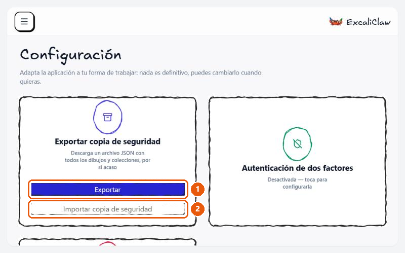 Configuración con las tarjetas «Exportar copia de seguridad» e «Importar copia de seguridad».