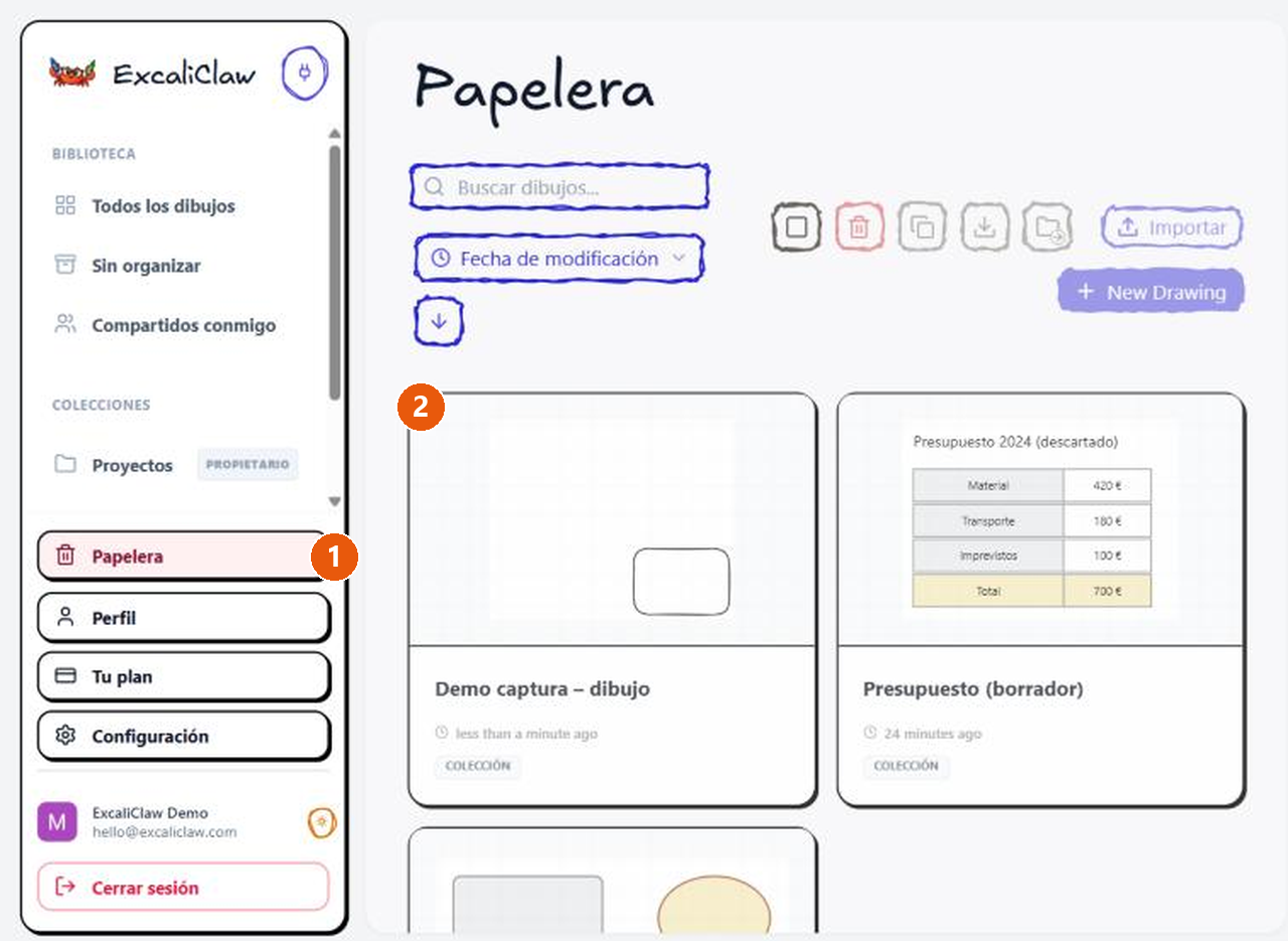 La vista «Papelera» con varios dibujos eliminados, entre ellos el dibujo de demostración recién enviado.
