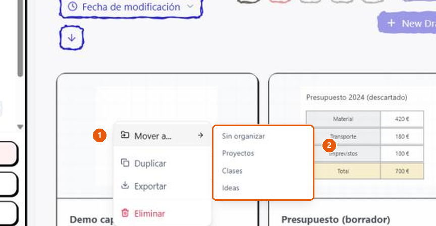 El menú de una tarjeta de la papelera con «Mover a...» desplegado: Sin organizar, Proyectos, Clases e Ideas.