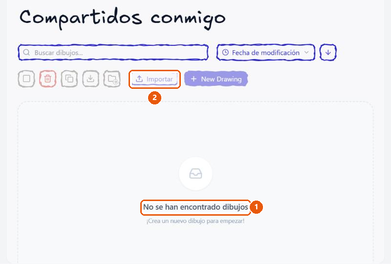 Página «Compartidos conmigo» vacía, con el mensaje «No se han encontrado dibujos».