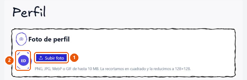 Perfil de la cuenta con la tarjeta «Foto de perfil» sin foto y el botón «Subir foto».