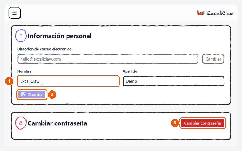 Perfil con la tarjeta «Información personal» (nombre y apellido) y la tarjeta «Cambiar contraseña».