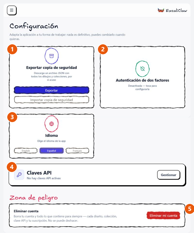 Página de Configuración completa: copia de seguridad, autenticación de dos factores, idioma, claves API y zona de peligro.