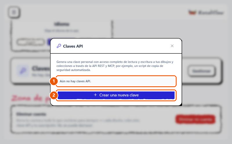 Ventana «Claves API» sin ninguna clave: «Aún no hay claves API.» y botón «Crear una nueva clave».
