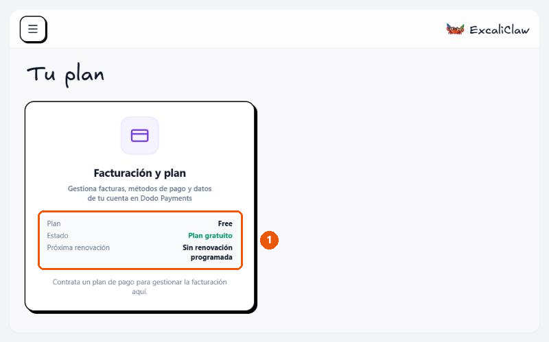 Tarjeta «Facturación y plan» de la cuenta de demostración: plan Free, estado «Plan gratuito», sin renovación.
