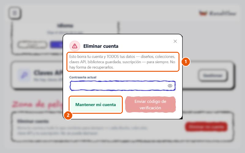 Ventana de aviso «Eliminar cuenta» con el texto de advertencia y el botón «Mantener mi cuenta».