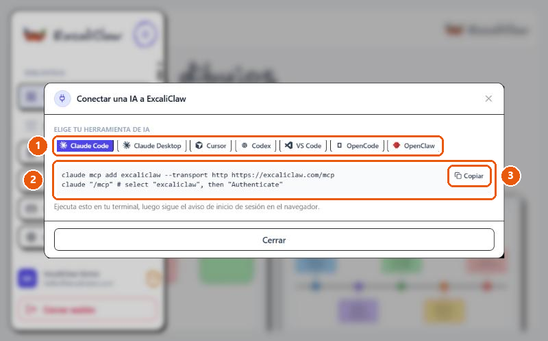 Ventana «Conectar una IA a ExcaliClaw» con las herramientas disponibles y la orden para Claude Code.